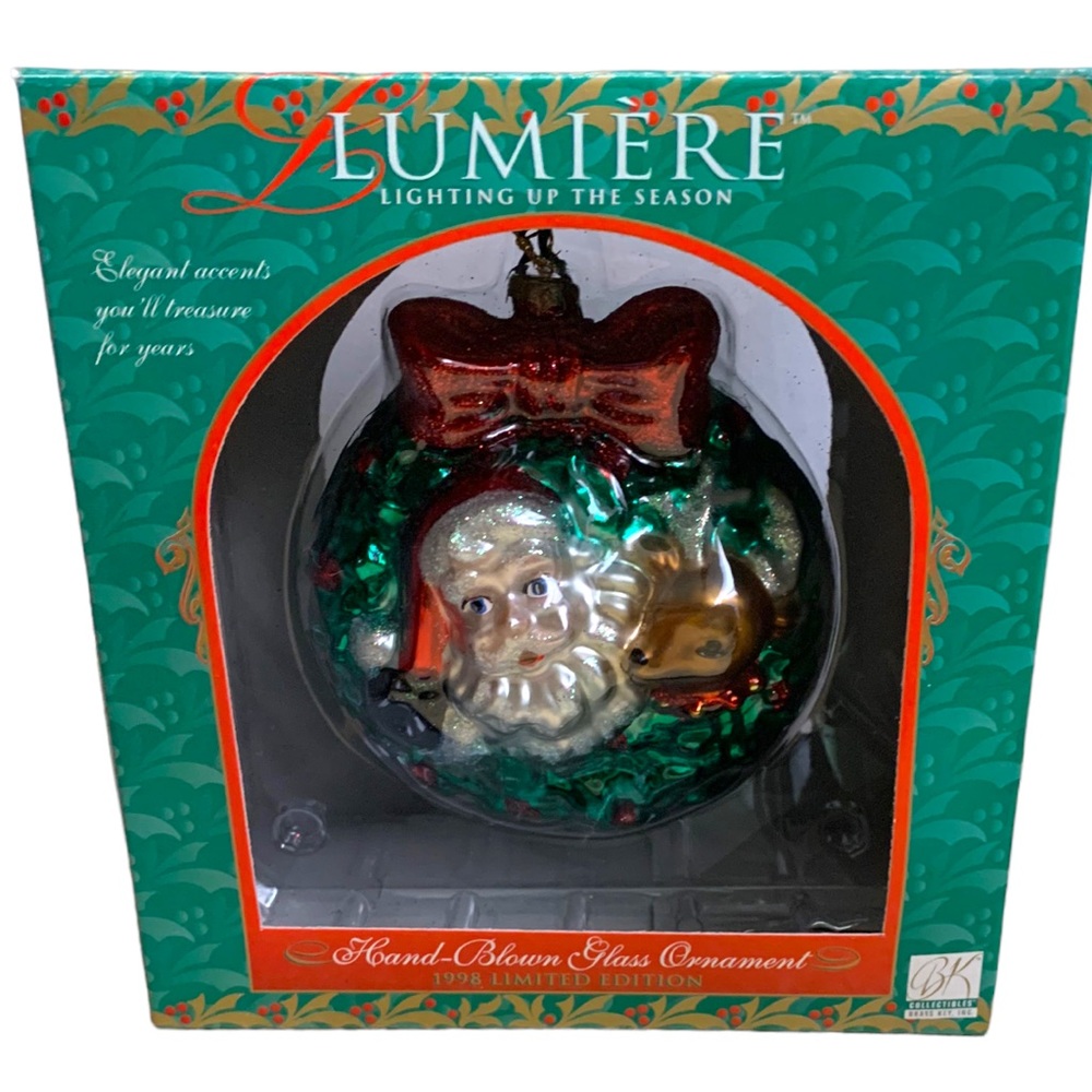 VTG 1998 Hand-Blown Glass Ornament Santa & Reindeer Wreath Christmas Décor